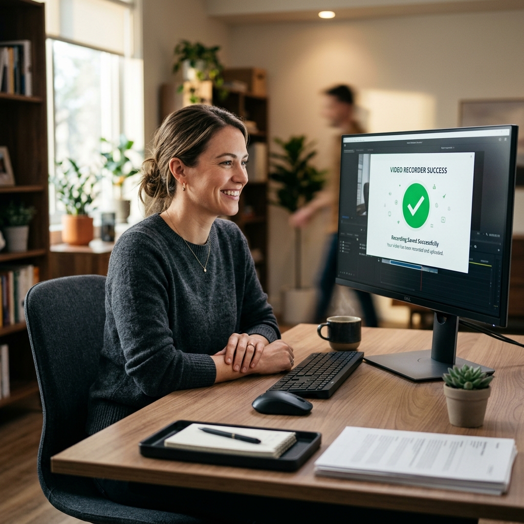 Satisfied user looking relaxed in front of computer monitor with screen recorder icon.