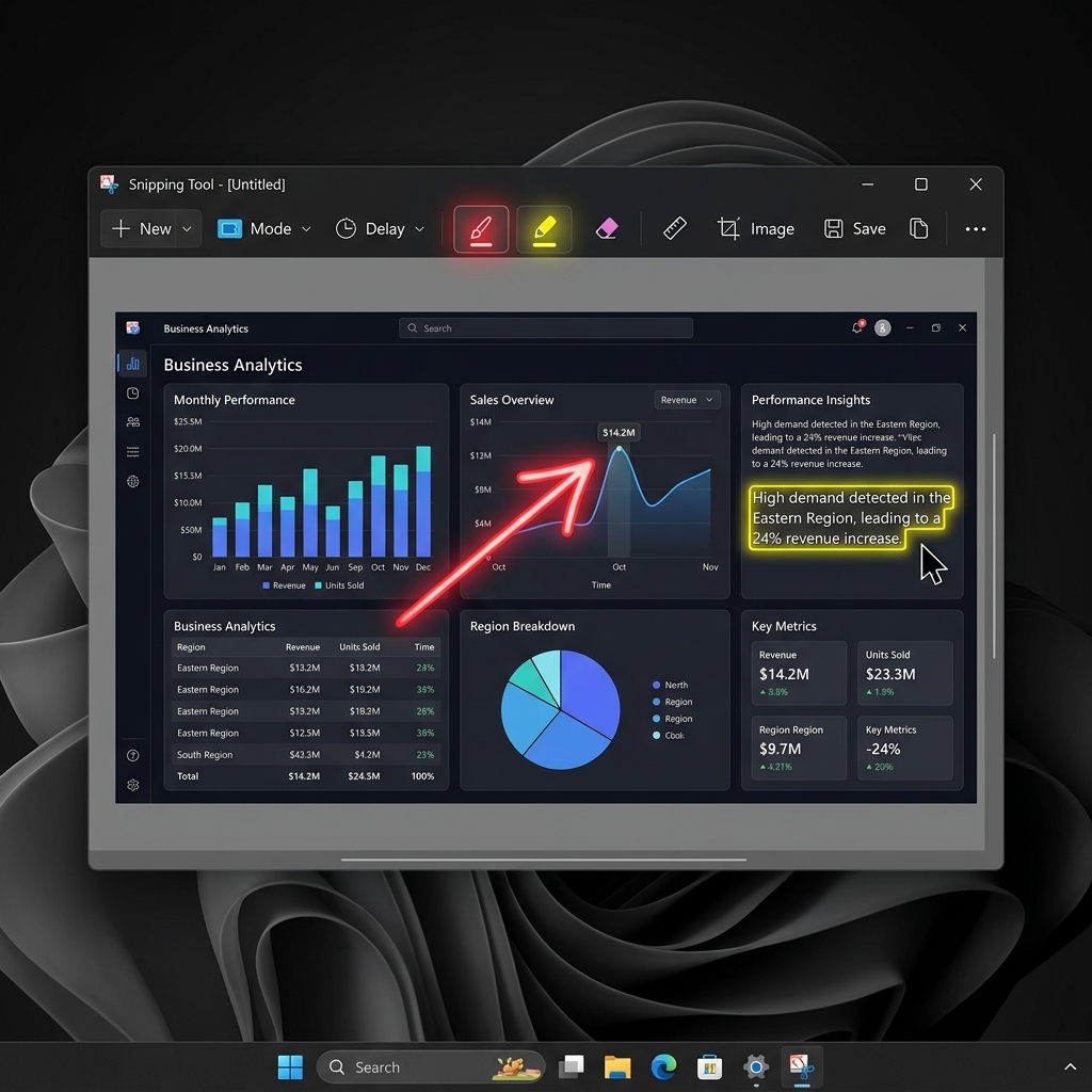 Annotating a screenshot within the Windows Snipping Tool editor workspace.