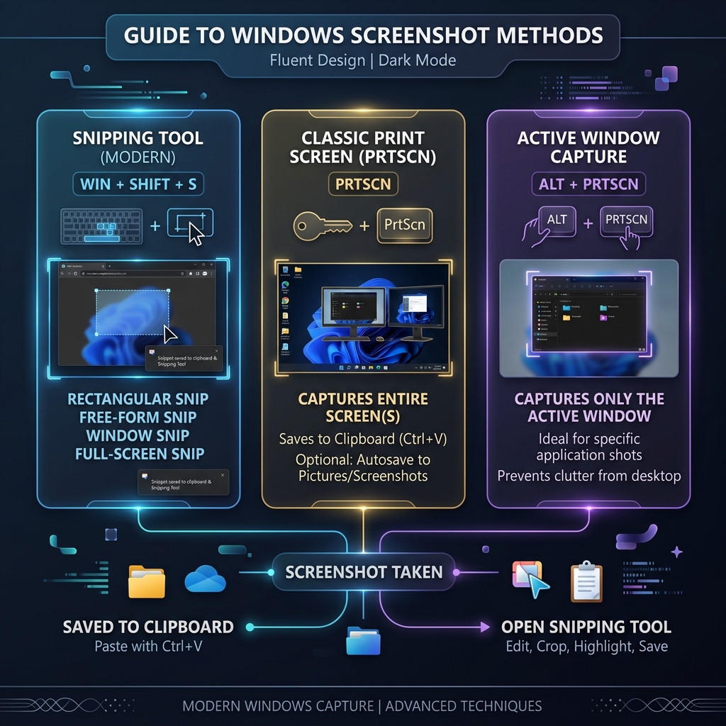 Sleek infographic diagram displaying the various screenshot methods in Windows: Snipping Tool, Print Screen, and Alt + Print Screen.