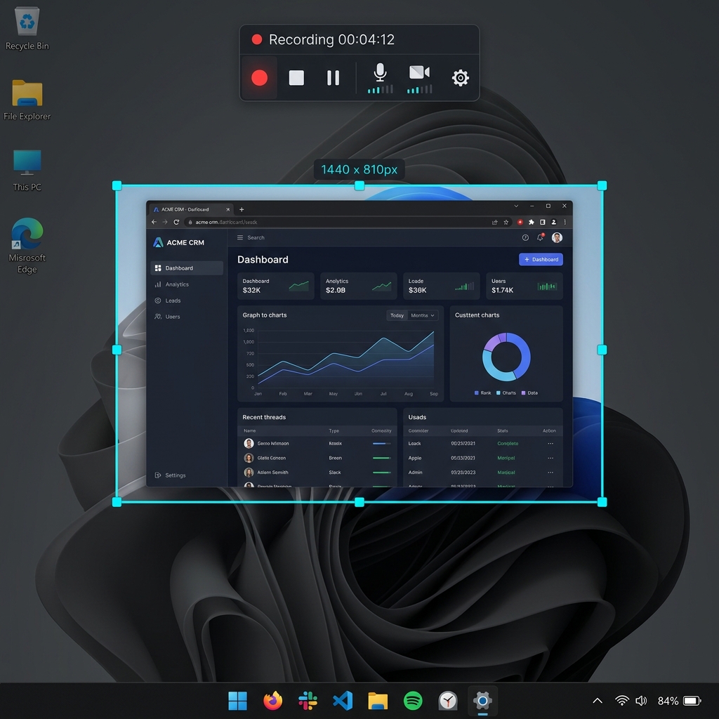 Sleek screen capture interface mockup on a Windows desktop showing Snipping Tool active selection.