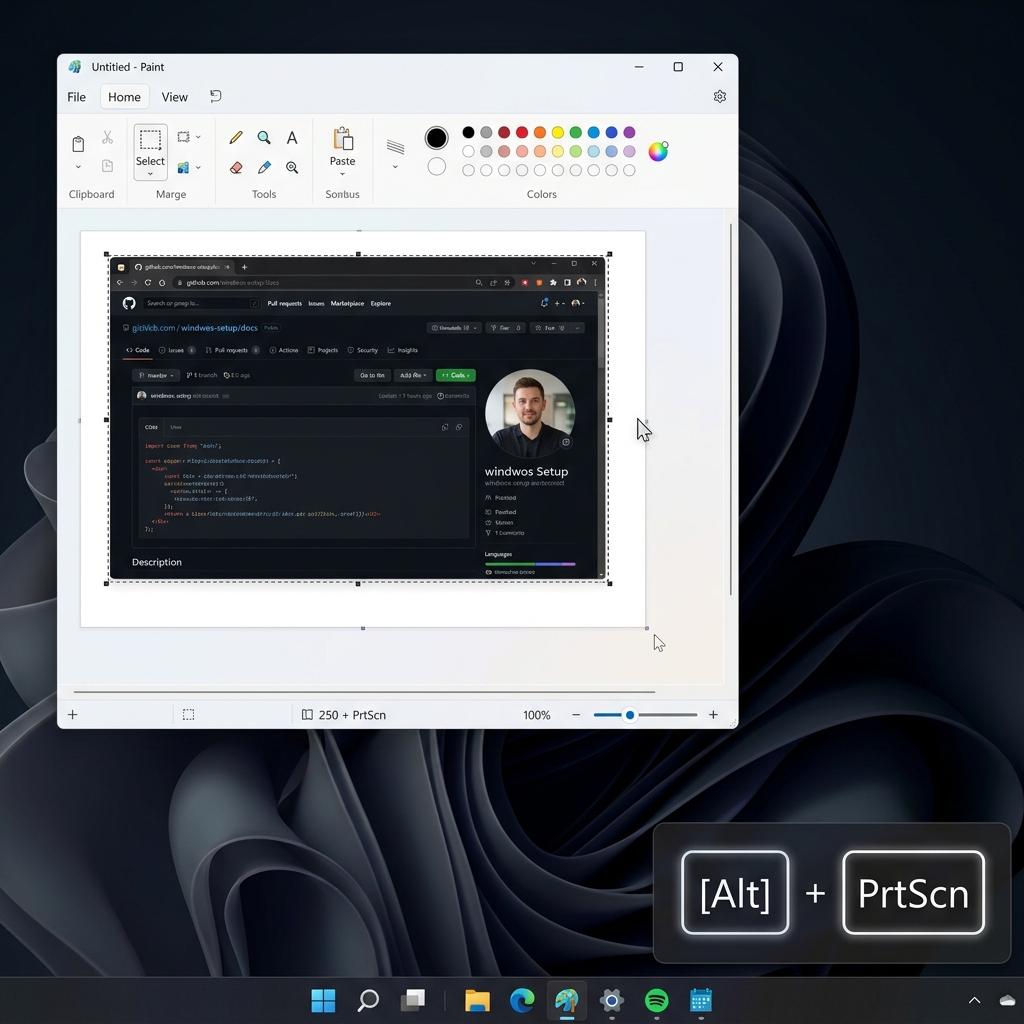 Layout showing a Windows 11 desktop with active paint application receiving a clipboard screenshot.
