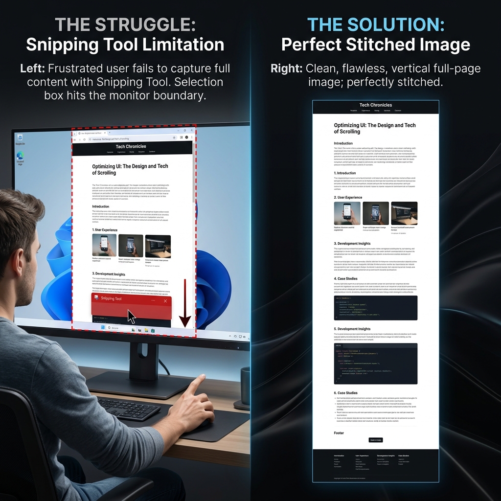 Side-by-side comparison of a user struggling to drag Snipping Tool past screen bottom vs a perfectly stitched vertical webpage capture on Windows.