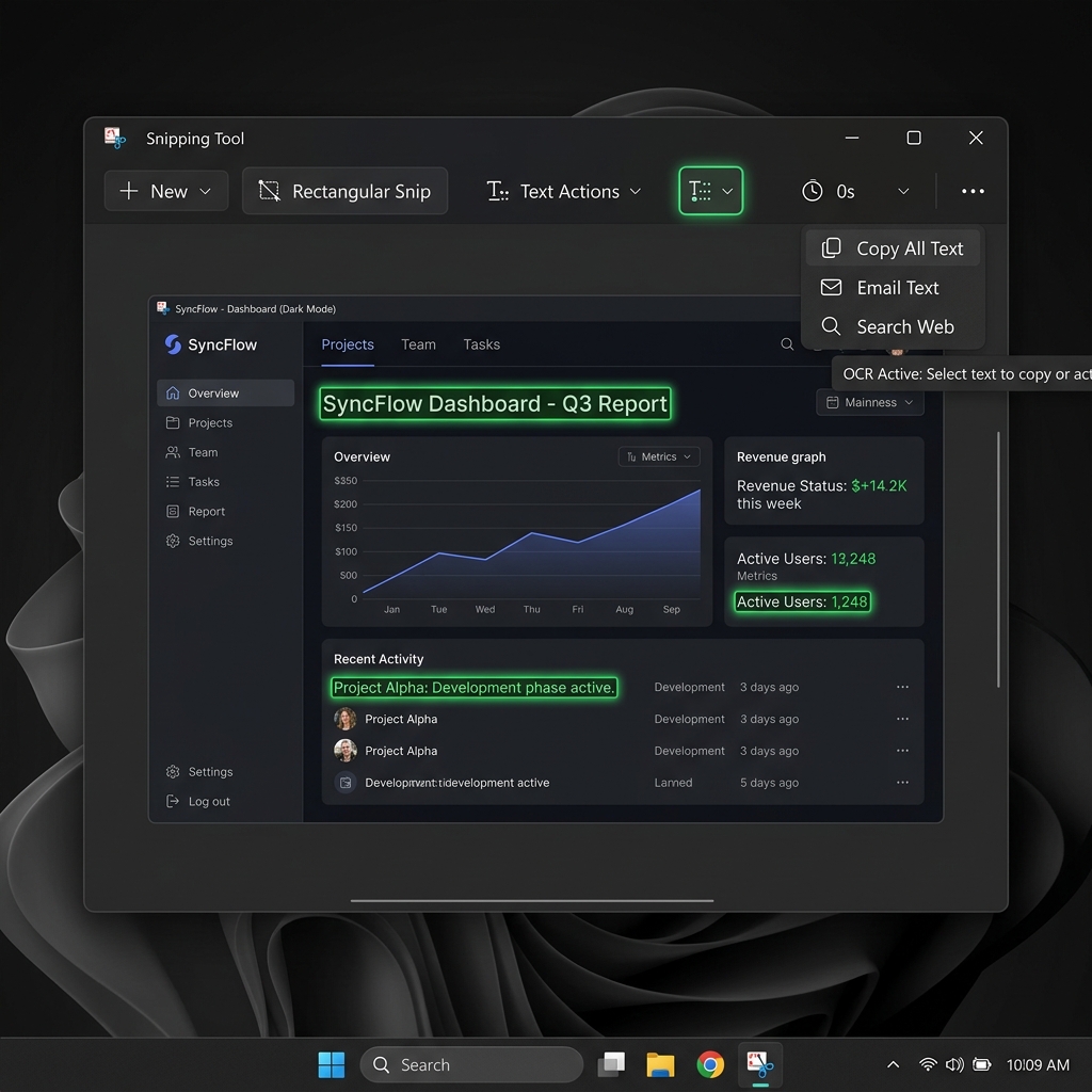 Mockup of the Windows 11 Snipping Tool app showing screenshot with Text Actions active highlighting OCR.