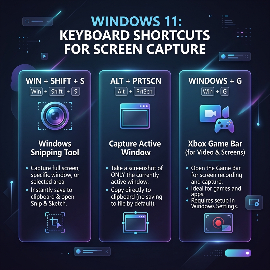 Sleek infographic diagram showcasing the main Windows 11 screen capture keyboard shortcuts: Win+Shift+S, Alt+PrtScn, and Windows+G.