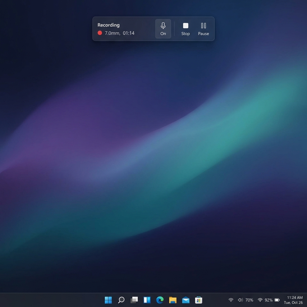 A modern Windows 11 desktop clean layout with the minimalist Snipping Tool recording overlay floating at the top, showing an alternative to a heavy timeline interface.