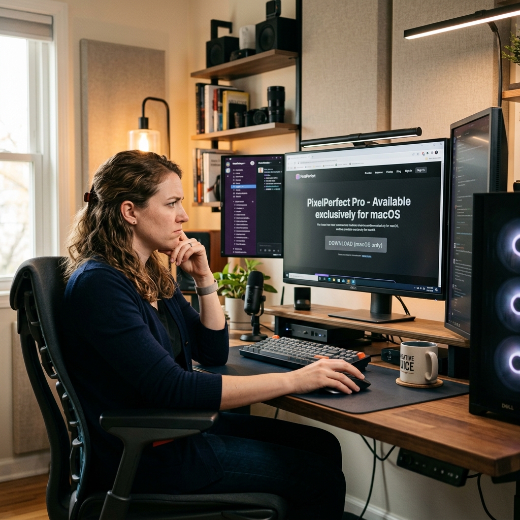 A person sitting at a Windows desktop looking slightly annoyed while staring at a monitor
