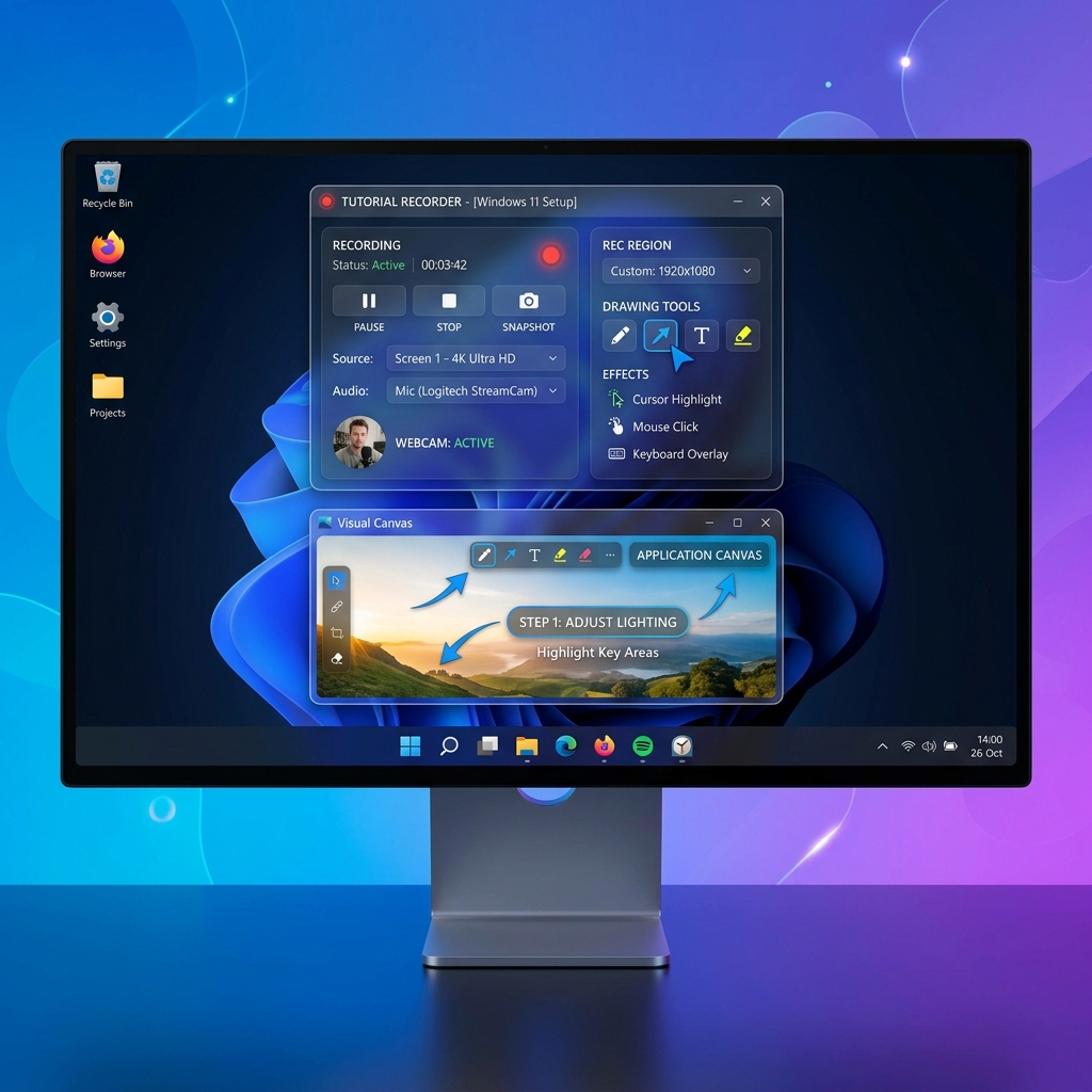 A modern Windows 11 desktop showing a beautifully styled tutorial recording box, with clean application boundaries framed against a polished canvas background.