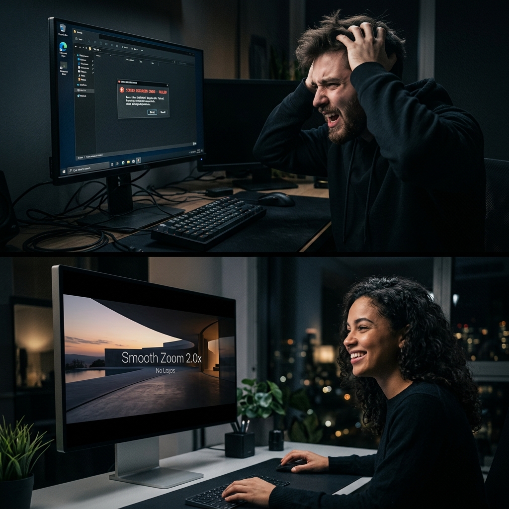 A split-screen comparison showing a frustrated Windows user vs a happy Mac user creating cinematic content