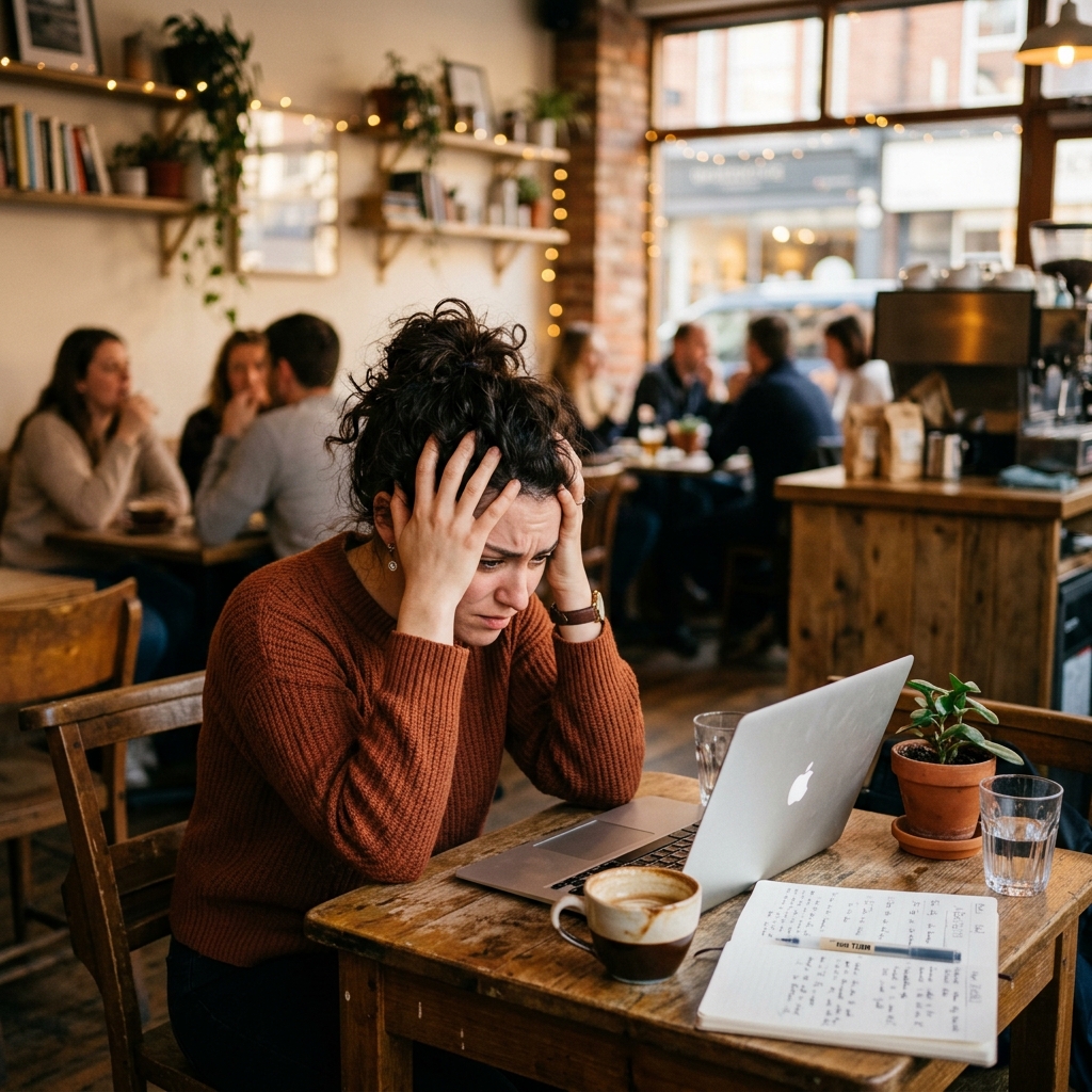 A frustrated writer sitting at a laptop screen in a coffee shop, trying to recover lost text.