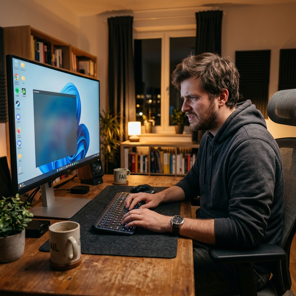 A frustrated user staring at a Windows desktop screen, pressing the Windows and G keys on a keyboard with no result.