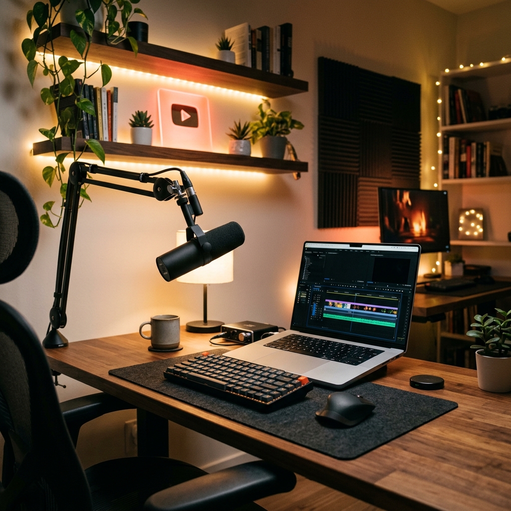 A well-lit creator's desk setup featuring a laptop and microphone with a soft YouTube logo glow in the background.