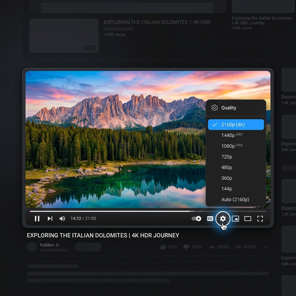 A mockup of a YouTube video player showing high-quality settings like 4K and 1080p highlighted
