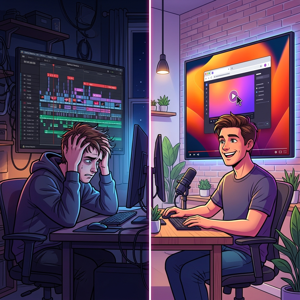 A split-screen graphic comparing a frustrated creator with timeline editing to a creator smiling with an instantly generated tutorial.